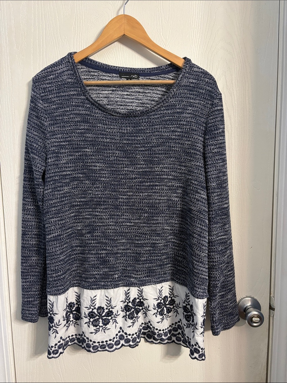 RXB Navy and White Crewneck Sweater with Embroidered Hem Detail